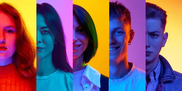 Collage. Half-faced portrait of young men and women of different age looking at camera over multicolored background in neon light. Concept of human emotions, diversity, lifestyle, facial expression