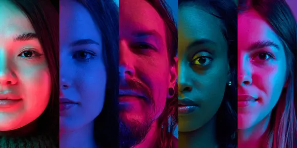 Collage. Half-faced portrait of young people of different age and gender looking at camera on multicolored background in neon light. Concept of human emotions, diversity, lifestyle, facial expression