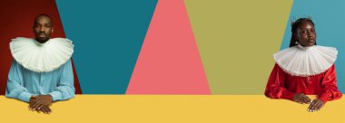 Kolaj. Afrikalı genç bir reklamcının portresi, kraliyet mensubu, kraliçe ve kral çok renkli arka planda. Devir, modernlik ve rönesans karşılaştırma kavramı, barok tarzı.