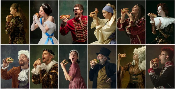 Stock image Collage. Medieval people, men and women in vintage dresses eating fast food, burgers over dark green background. Concept of comparison of eras, modernity and renaissance, baroque style, junk food