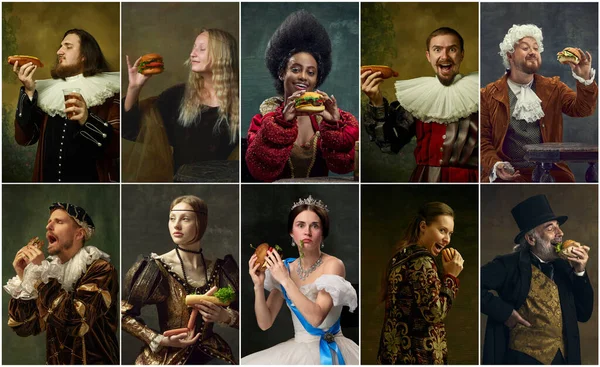 Collage Medieval People Men Women Vintage Costumes Eating Fast Food — Stock Photo, Image