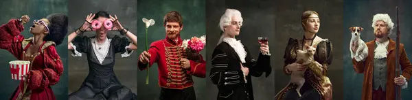 Collage Aus Portraits Verschiedener Personen Männer Und Frauen Historischen Kostümen — Stockfoto