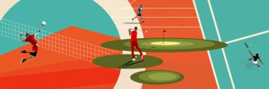 Profesyonel atletler, farklı sporların sporcuları, voleybol, tenis, golf, renkli arka plan. Çağdaş sanat kolajı. Spor, rekabet, şampiyonluk kavramı