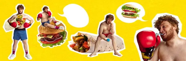 Fat, overweigh man quitting sport, eating unhealthy burger, fast food, drinking coke over yellow background. Contemporary art collage. Concept of fast food, dieting, creativity, bright design