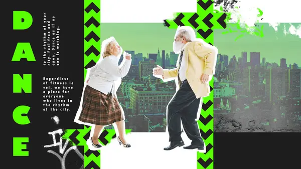 Starszy Mężczyzna Kobieta Tańczą Tle Fotografii Miasta Impreza Klubie Tanecznym — Zdjęcie stockowe