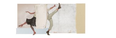 Genç adam ve kadın pastel arka planda neşeyle dans ediyorlar. Sosyal dans kulübü. Çağdaş sanat kolajı. Retro stil kavramı, dans aktivitesi, eğlence, parti. Poster. Kağıt etkisi