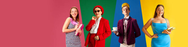 Collage made of portraits of young people, men and women in different clothes, work positions over multicolored background. Concept of human emotion, lifestyle, fashion, diversity of lifestyle