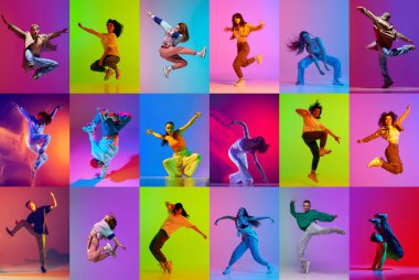 Kolaj. Duygusal sanatsal genç insanlar, neon ışıkta çok renkli arka planda dans eden erkekler ve kadınlar. Breakdance, hip hop. Modern dans stilleri, hobi, gençlik, aktif yaşam tarzı kavramı