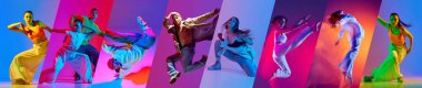 Dans savaşı. Kolaj. Genç insanlar, erkekler ve kadınlar neon ışıkta çok renkli arka planda modern danslar yapıyorlar. Modern dans stilleri, hobi, gençlik, aktif yaşam tarzı kavramı