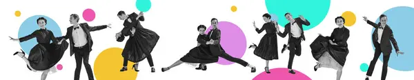 Collage Elegante Schöne Frau Und Gutaussehender Mann Stilvoller Kleidung Tanzen — Stockfoto