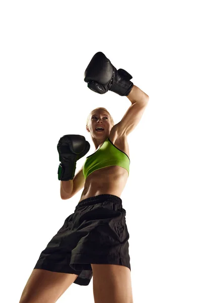 Bottom View Sportive Young Woman Boxing Athlete Motion Training Punching — Stock Photo, Image
