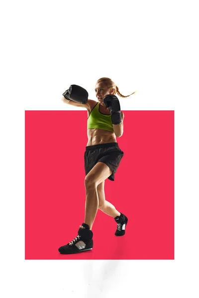 Young muscular woman with fit strong body, boxing athlete in motion, practicing over white background with pink element. Concept of sport, active and healthy lifestyle, strength, body care. Poster