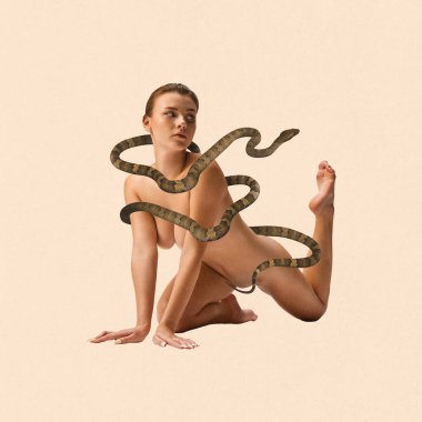 Çağdaş sanat kolajı. Duygusallık ve Eros. Güzel, ince ve çıplak bir kadın. Vücudunda şeftali rengi arka planda yılan var. Kadınsı güç ve güç kavramı, mistik aura..