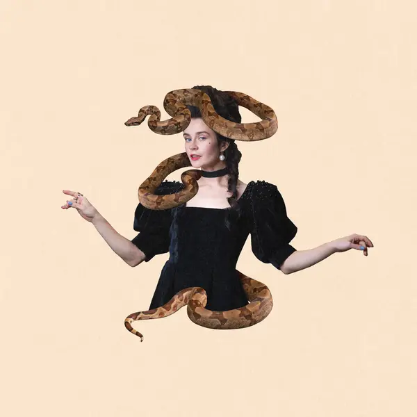 Contemporary art collage. Young medieval person, woman in old fashioned dress with snake wrapped around her body and head against peach color background. Concept of feminine strength, wisdom. Ad