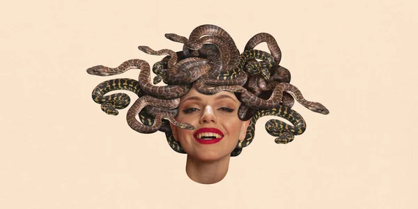 Contemporary Art Collage Young Beautiful Girl Snakes Instead Hair Looks — Stock Photo, Image