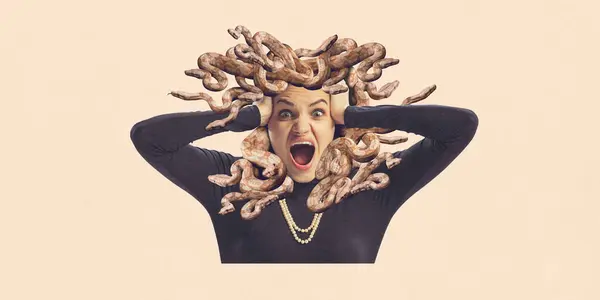 Contemporary art collage. Young girl with snakes instead of hair looks like mythology character loudly shouting of against peach color background. Concept of feminine strength and power, wisdom.
