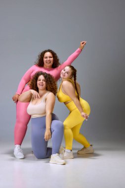 Kabullenme. Gri stüdyo geçmişine karşı duran rahat spor giyimli üç genç kadın. Artı boyut güzelliği. Spor anlayışı, vücut pozitifliği, kilo kaybı, vücut ve sağlık hizmetleri