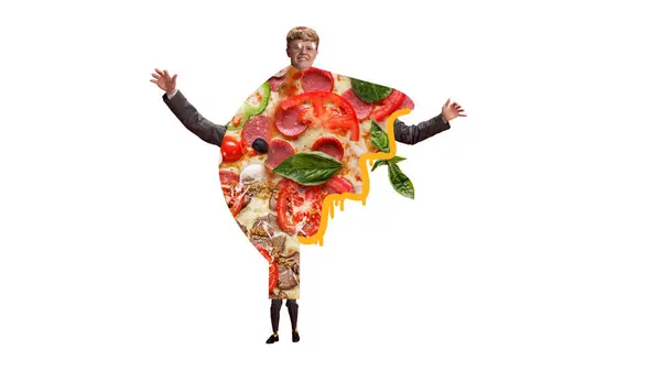 Smiling Man Glasses Suit Wit Body Covered Delicious Slice Pizza — Stock Photo, Image