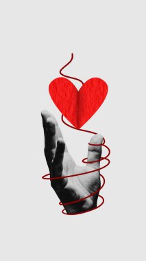 İp ve kağıt kesiği kalp şeklinde bir erkek eli. Çağdaş sanat kolajı. Minimalizm. Sevgililer Günü kavramı, bayram, aşk, 14 Şubat. Reklamlar için şablon, kartpostal, davetiye, poster