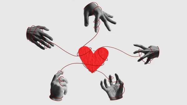 Desejo Amor Mãos Humanas Conectando Coração Com Corda Arte Contemporânea — Fotografia de Stock