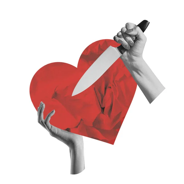 Coeur Brisé Mains Humaines Avec Couteau Sur Symbole Cœur Collage — Photo