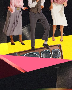 Renkli arka planda eski moda müzik çalar üzerinde dans eden erkek ve kadınlar. Çağdaş sanat kolajı. Tatil kavramı, kutlama, eğlence ve neşe, parti, eski tarz