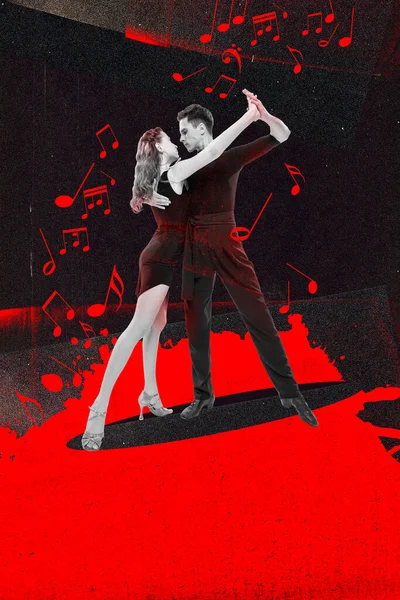 Passion and classic art. Beautiful young woman and man dancing ballroom, tango over black red background. Contemporary art collage. Concept of holidays, celebration, fun and joy, party