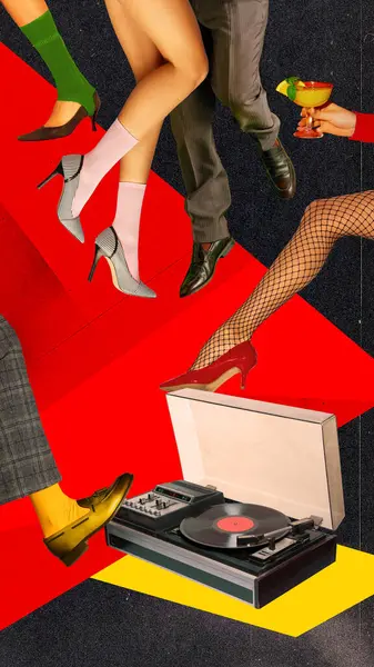 Male and female legs over black red background with retro music player. Disco dancing. Drinking cocktails. Contemporary art collage. Concept of holidays, celebration, fun and joy, party, retro style
