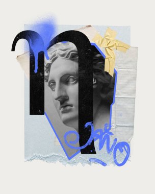 Antik heykel büstünün soyut tasarım elementleriyle siyah beyaz görüntüsü. Poster, pankart, kartpostal şablonu. Çağdaş sanat kolajı. Homurdanma sanatı, yaratıcılık, hayal gücü.