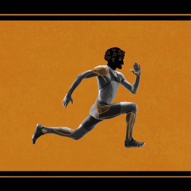 Genç atletik bir adam, eski kafalı bir koşucu, hareketli bir atlet, sarı arka planda koşuyor. Çağdaş sanat kolajı. Spor, turnuva, rekabet, antik Yunan tarzı
