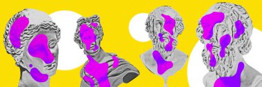 Antik heykeller parlak sarı arka planda mor acı elementleriyle bükülür. Nokta etkisi, gürültü. Çağdaş sanat eserleri. Yaratıcılık kavramı, hayal gücü, reklam, kartpostal, afiş şablonu