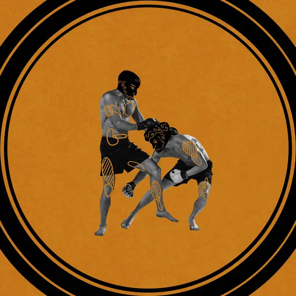 Muscular competitive man, boxing, mma athletes with drawn head of ancient man fighting over yellow background. Contemporary art collage. Concept of sport, tournament, competition, ancient Greek style