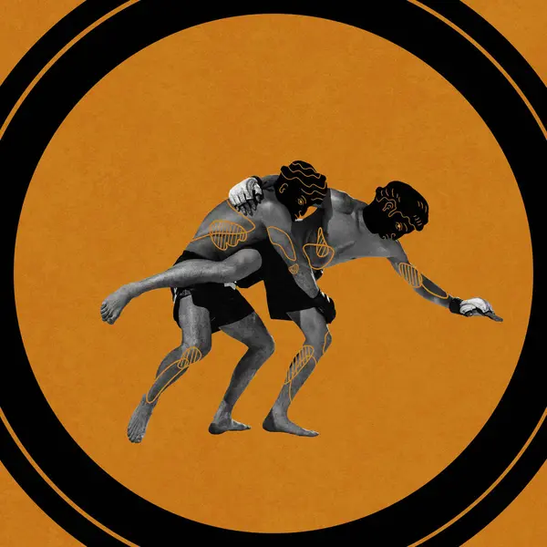 Competitive musuclar man, boxing, mma athletes with drawn head of ancient man fighting over yellow background. Contemporary art collage. Concept of sport, tournament, competition, ancient Greek style