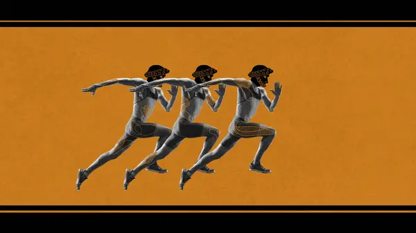 Young athletic man, runner with ancient drawn head, athlete in motion, running over orange background. Contemporary art collage. Concept of sport, tournament, competition, ancient Greek style