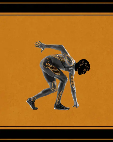 Ready, steady, go. Muscular man, runner, athlete in motion, standing on starting line over orange background. Contemporary art collage. Concept of sport, tournament, competition, ancient Greek style