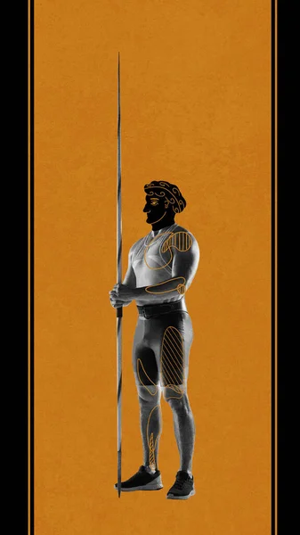 Strong muscular young man, athlete standing with javelin over orange black background. Ancient man drawing. Contemporary artwork. Concept of sport, tournament, competition, ancient Greek style