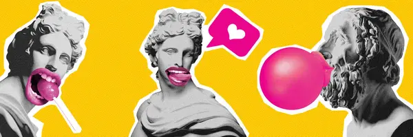 Antieke Standbeeld Bustes Fel Gele Achtergrond Sociale Media Influencer Hedendaagse — Stockfoto