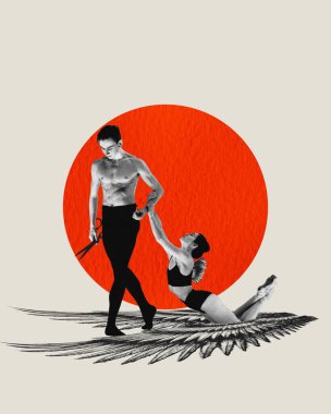 Düşmüş melek. Makaslı genç adam kadın tüyü kesti. Acı verici sağlıksız aşk. Çağdaş sanat kolajı. Aşk kavramı, birbirine bağımlı ilişki, yaratıcı tasarım, klasik dans, sürrealizm