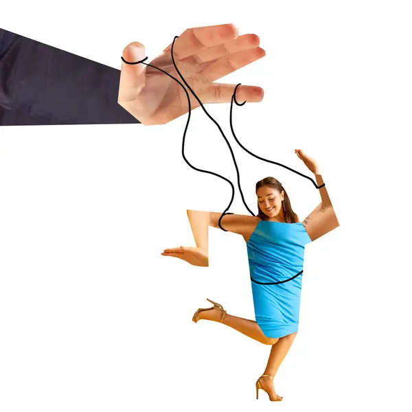 Male Hand Holing Young Woman Strings Puppet Conceptual Design Contemporary — Stock Photo, Image