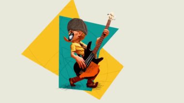 Doğaçlama. Gitar çalan, kendi müzik bestelerini yapan sanatçı genç bir adam. Hareket etmeyi, animasyonu durdurun. Müzik festivali kavramı, gösteri, yetenekler, sürrealizm, yaratıcılık ve ilham
