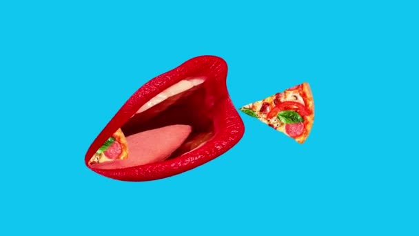 Giant Vrouwelijke Open Mond Met Rode Lippenstift Eten Slice Van — Stockvideo
