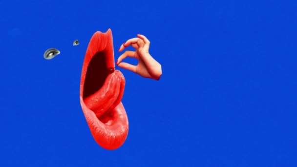青い背景にチェリーを食べる広い開いた巨大な女性の口 現代アート アニメーションを停止する 食べ物 シュレアリズム 創造性の概念 ポップアートスタイル ポスター — ストック動画