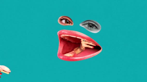 ファストブレックファースト 青い背景にソーセージでサンドイッチを食べる巨大な開いた口を持つ女性 アニメーションを停止する 食べ物 シュレアリズム 創造性の概念 ポップアートスタイル ポスター — ストック動画