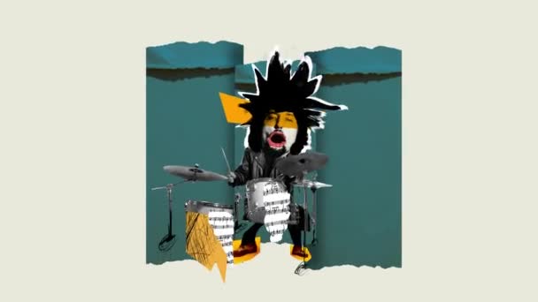 パンク ロック 明るい背景でドラムを演奏する才能のある男 ロック ロール アニメーションを停止する 音楽フェスティバル ショー シュレアリズム 創造性 — ストック動画