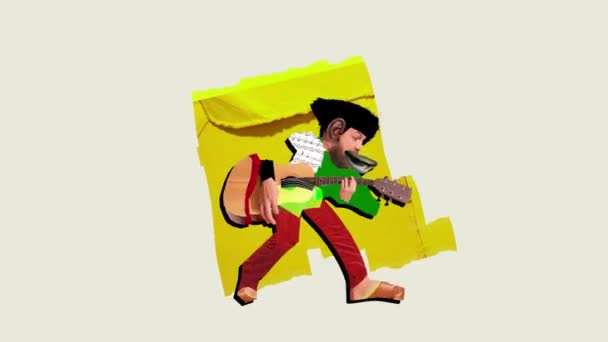 Gitar Çalan Genç Adamın Yaratıcı Tasarımı Renkli Arka Planda Performans — Stok video