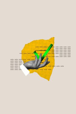 İnsan eli yeşil işaretli, oy verme sürecinde adayı seçiyor. Çağdaş sanat kolajı. Seçim günü kavramı, demokrasi, siyaset, seçim, özgürlük, fikir