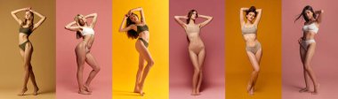 Kolaj. İnce, fit vücutlu, çok renkli arka planda iç çamaşırlarıyla poz veren güzel bir genç kadın resmi. Kadın güzelliği, vücut ve cilt bakımı, fitness, bakım, sağlık