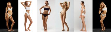 Kolaj. İnce, fit vücutlu, siyah beyaz arka planda iç çamaşırlarıyla poz veren güzel bir genç kadın resmi. Kadın güzelliği, vücut ve cilt bakımı, fitness, bakım, sağlık