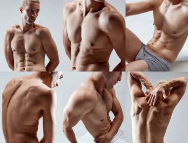 Kolaj. Açık arkaplandaki kaslı erkek vücut parçalarının kırpılmış görüntüleri. Üstsüz model pozu. Erkek güzelliği, vücut ve cilt bakımı, fitness, bakım, sağlık