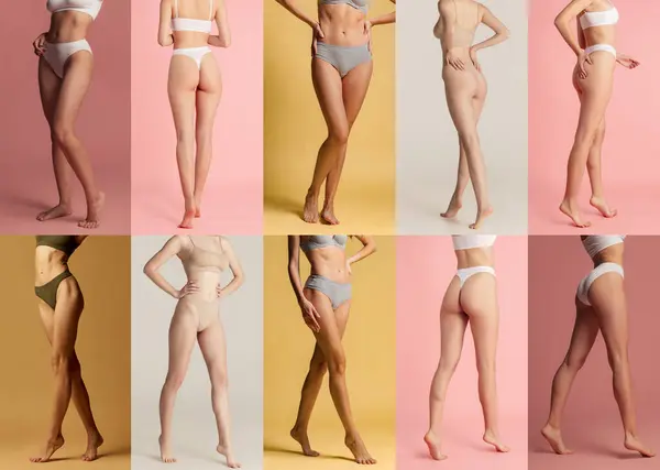 Collage Cropped Image Slim Female Bodies Slender Legs Multicolored Background — Stock Photo, Image